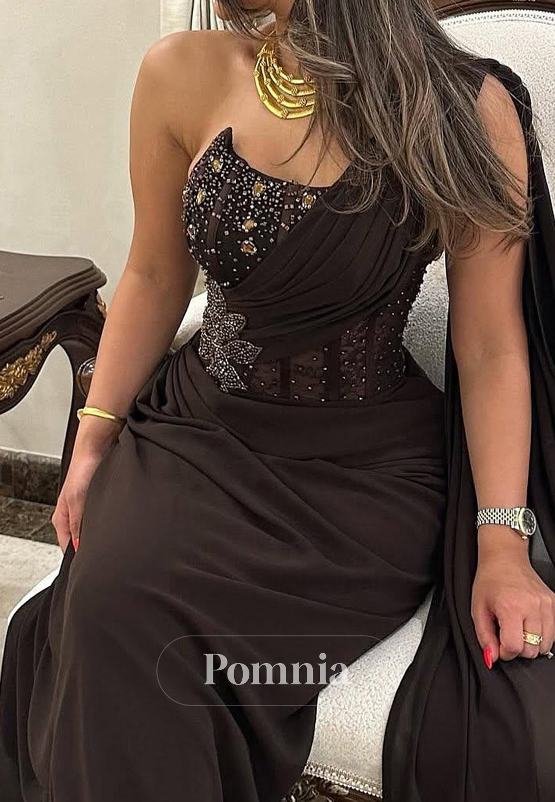 Black One Shoulder Sleeveless Sequins Corset Evening Dress