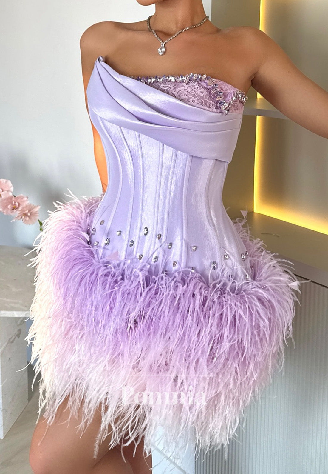 Lilac Strapless Sleeveless Feathers Short Homecoming Dress