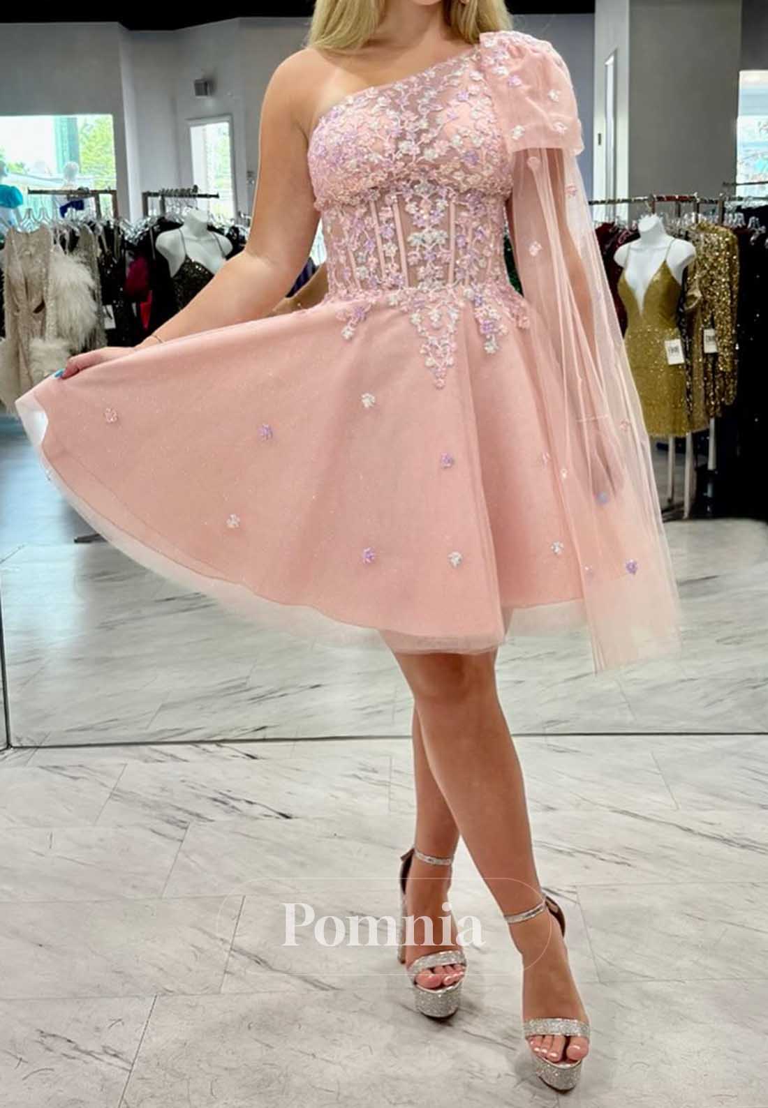 Blushing Pink Long Sleeves One SHoulder A-Line Homecoming Dress