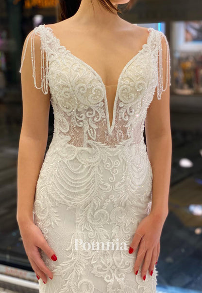 Spaghetti Straps V-Neck Backless Corset Mermaid Wedding Dress