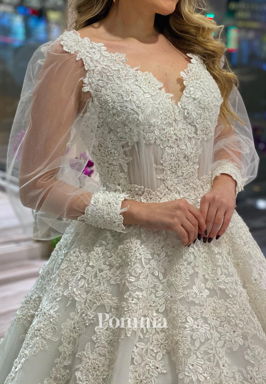 A-Line Long Sleeves V-Neck Floral Appliques Lace Wedding Dress