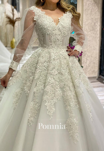A-Line Long Sleeves V-Neck Floral Appliques Lace Wedding Dress