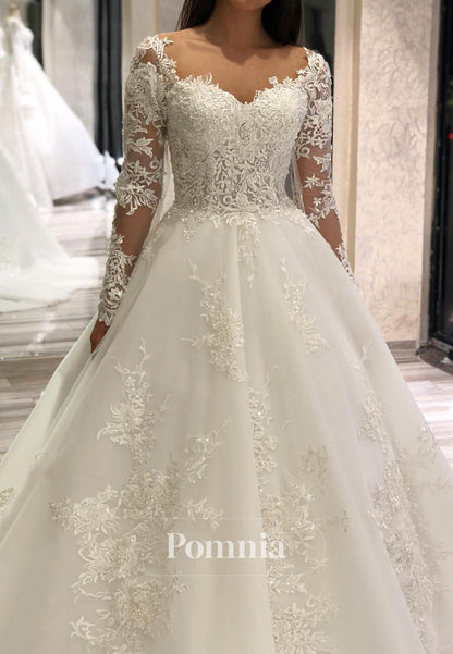 A-Line Long Sleeves Sweetheart Corset Lace Wedding Dress