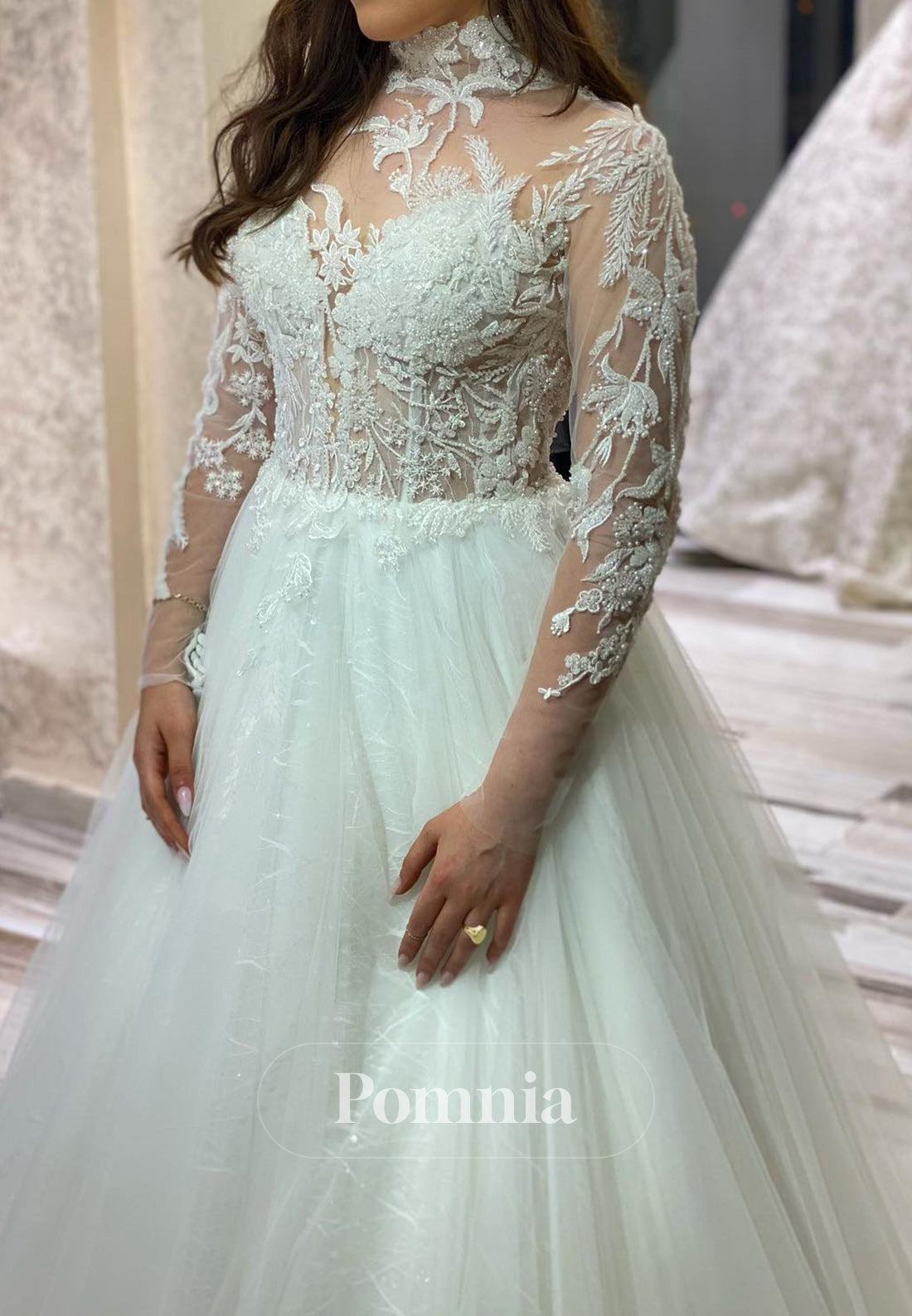 Charming A-Line High Neck Long Sleeves Floral Appliques Lace Wedding Dress