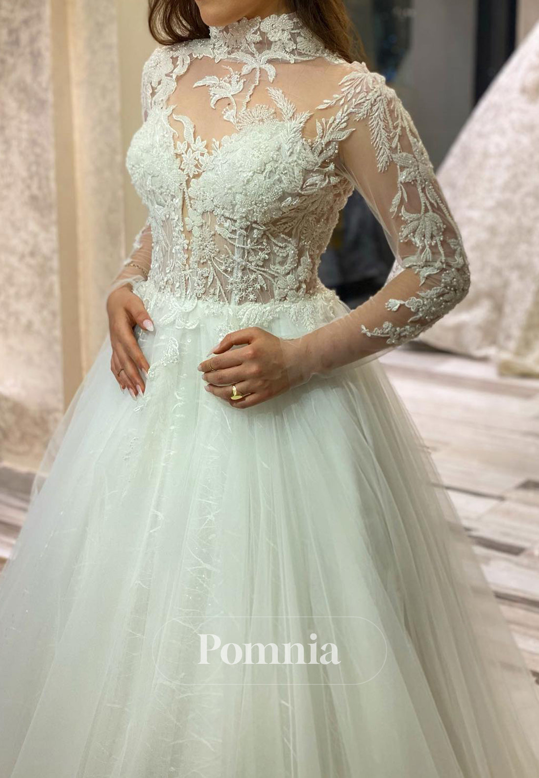 Charming A-Line High Neck Long Sleeves Floral Appliques Lace Wedding Dress