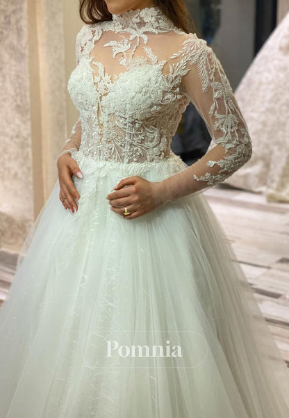 Charming A-Line High Neck Long Sleeves Floral Appliques Lace Wedding Dress