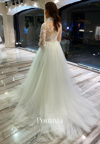 Charming A-Line High Neck Long Sleeves Floral Appliques Lace Wedding Dress