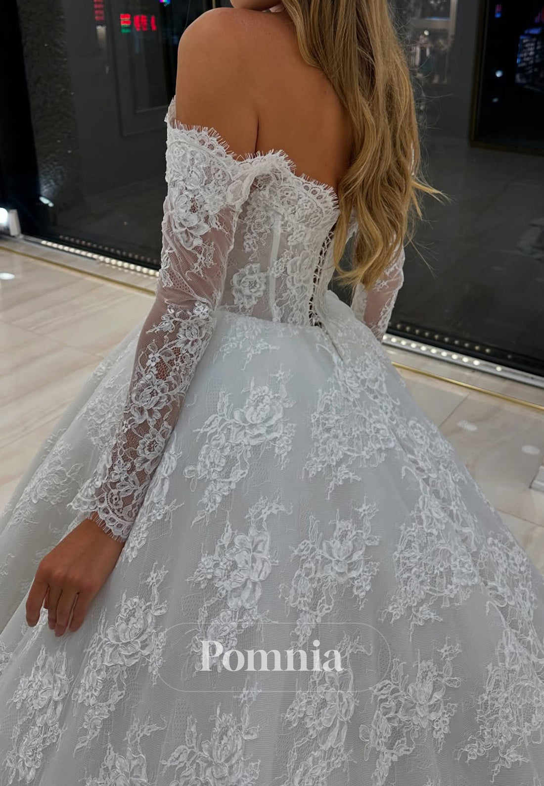 Long Sleeves Off-Shoulder Sweetheart Corset Tulle Lace Wedding Dress