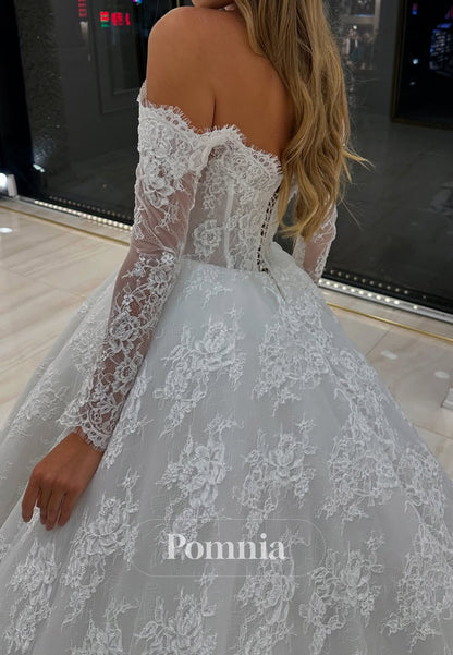 Long Sleeves Off-Shoulder Sweetheart Corset Tulle Lace Wedding Dress