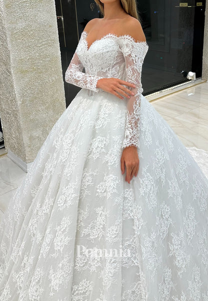 Long Sleeves Off-Shoulder Sweetheart Corset Tulle Lace Wedding Dress