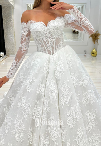 Long Sleeves Off-Shoulder Sweetheart Corset Tulle Lace Wedding Dress