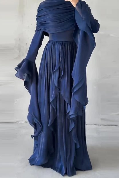 Draped Shoulder Pleated Slit Ruffled Trim Bell Sleeve Maxi Dress