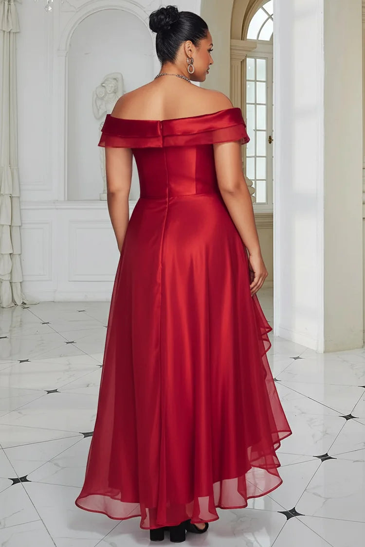 Christmas Red Off The Shoulder Ruffle Elegant Asymmetric Satin Maxi Dress