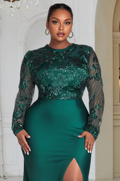 Green Round Neck Long Sleeve Split Elegant See Through Sequin Maxi Dress