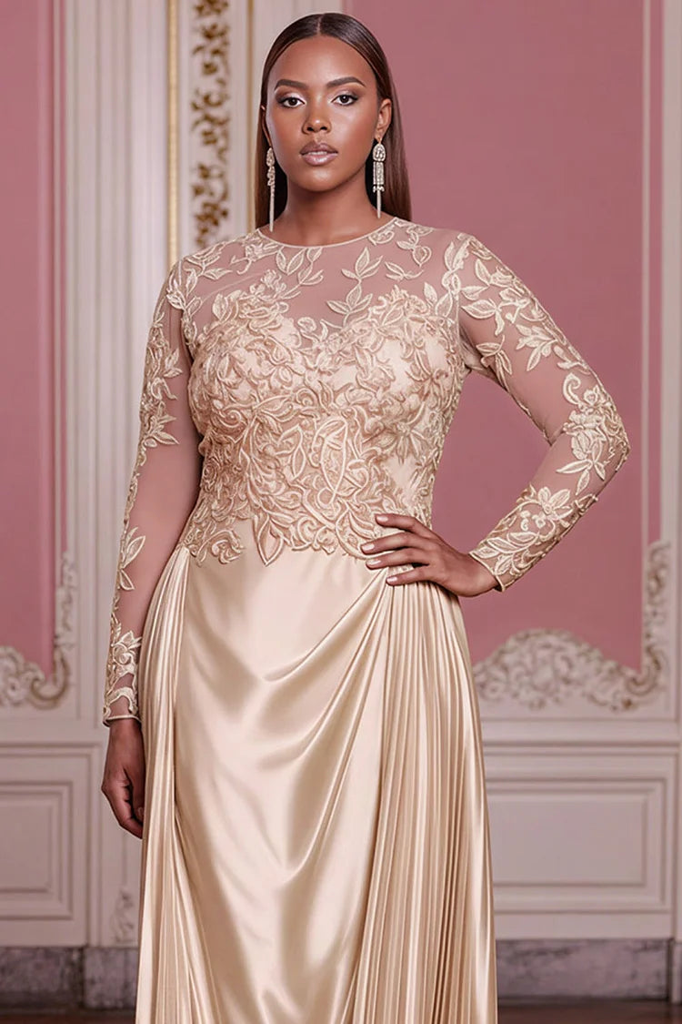 Formal Champagne Round Neck Long Sleeve See Through Midi Dress
