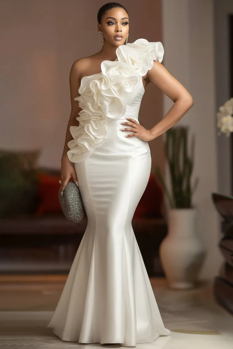 White One Shoulder Ruffle Elegant Bodycon Satin Maxi Dress