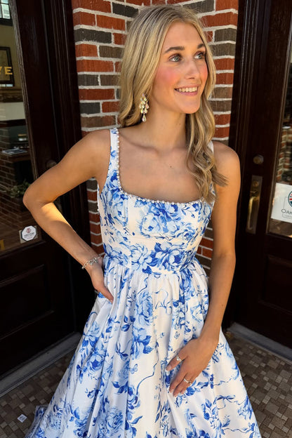 Charming A Line Square Neck Floral Satin Prom Dress with Pearls