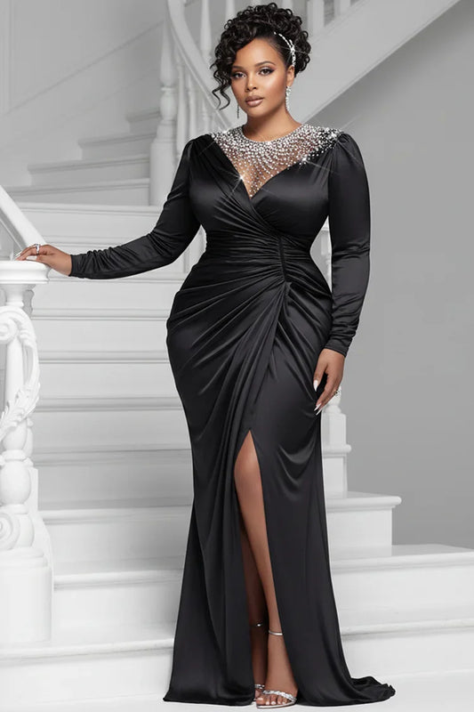 V-Neck Long-Sleeves Satin Pleated Mermaid Evening Dress Beaded Floor-Length Slit Formal Gowns