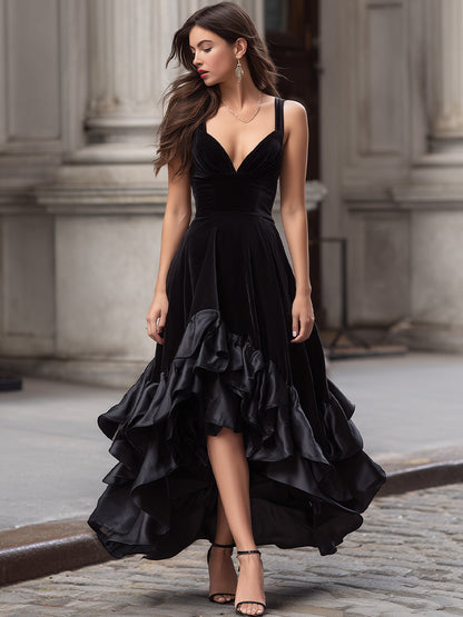 Velvet High-Low Evening Gown With Layered Ruffled Hem