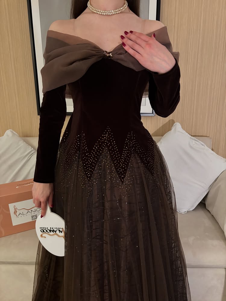 Off the Shoulder Long Sleeve Beaded A-Line Floor-Length Evening Dress