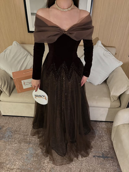 Off the Shoulder Long Sleeve Beaded A-Line Floor-Length Evening Dress