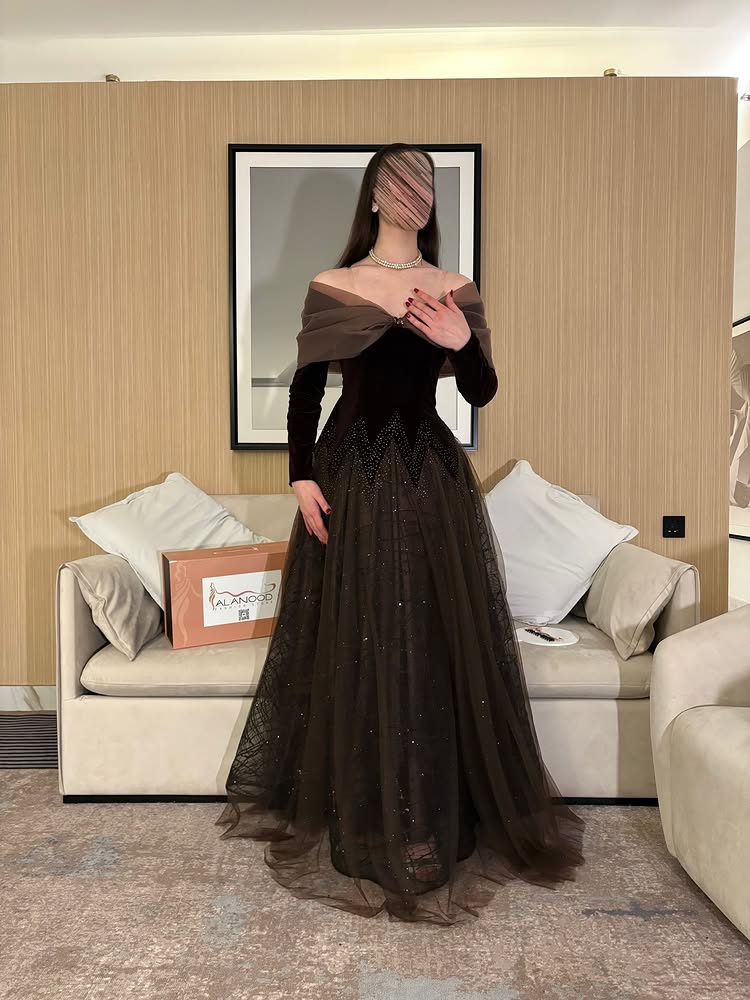 Off the Shoulder Long Sleeve Beaded A-Line Floor-Length Evening Dress