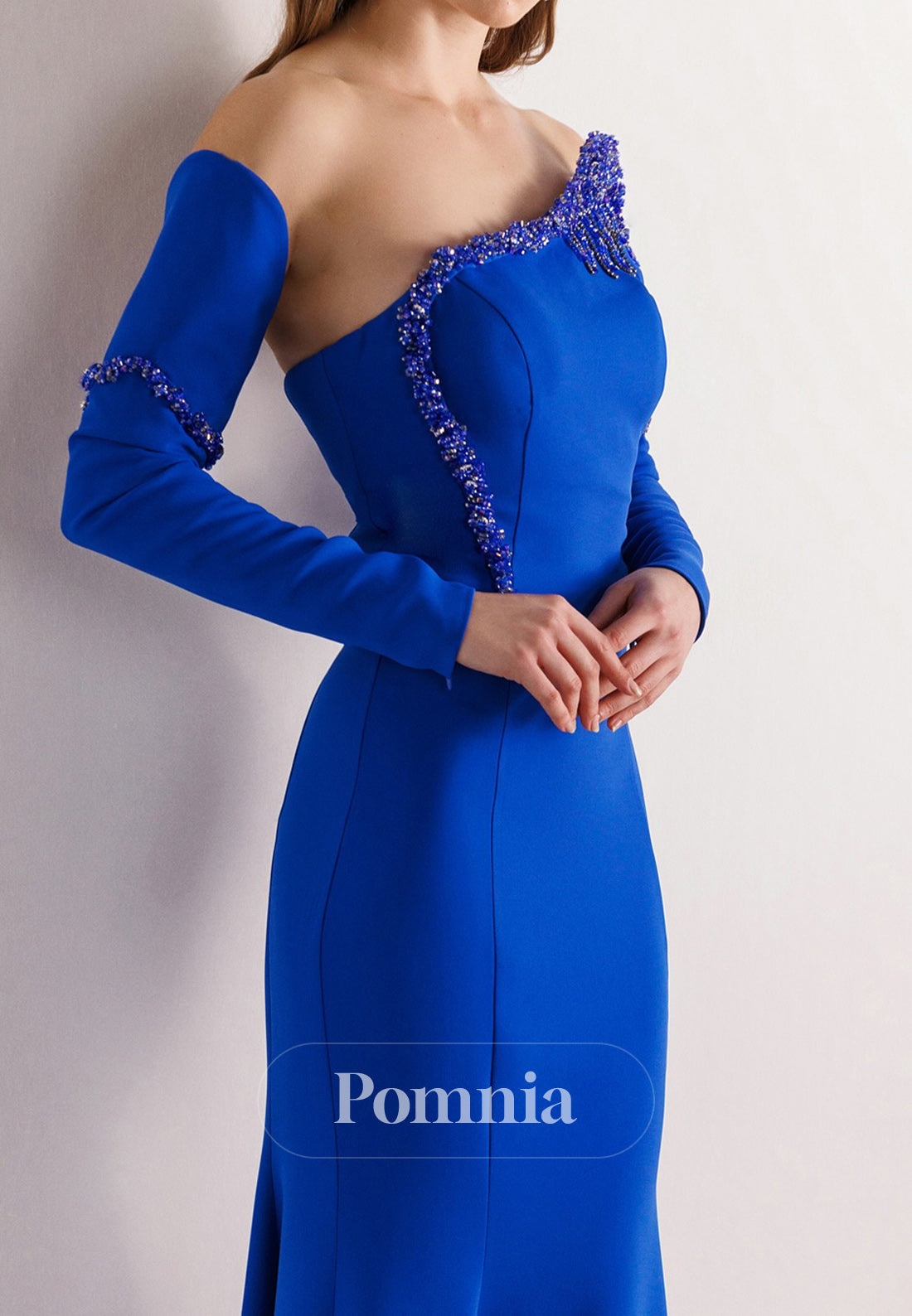 Mermaid Half Sleeves Off-Shoulder Beads Ruched Evening Dress