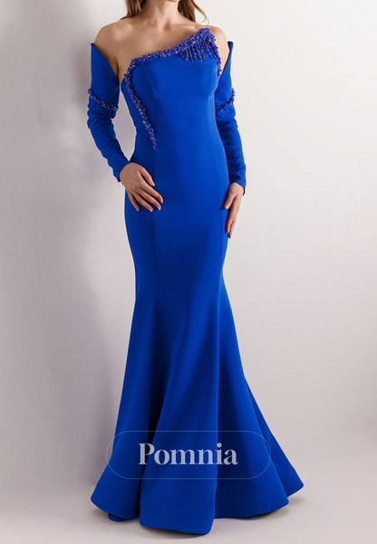 Mermaid Half Sleeves Off-Shoulder Beads Ruched Evening Dress