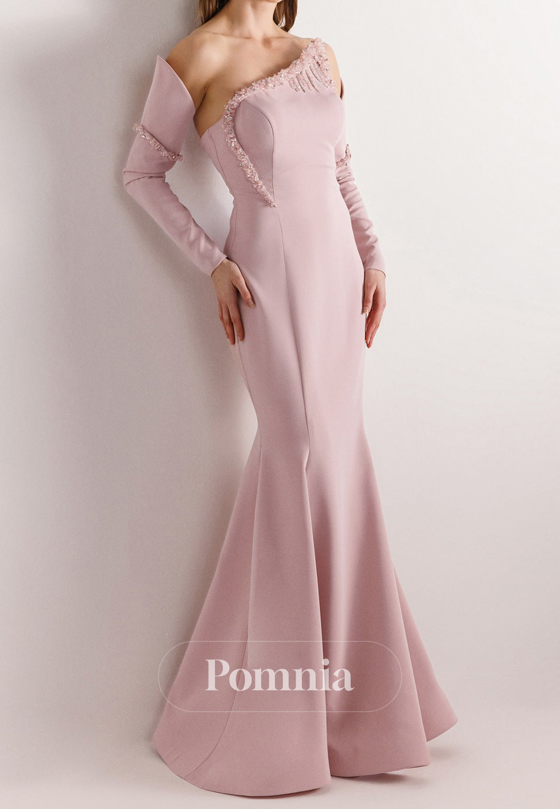 Mermaid Half Sleeves Off-Shoulder Beads Ruched Evening Dress