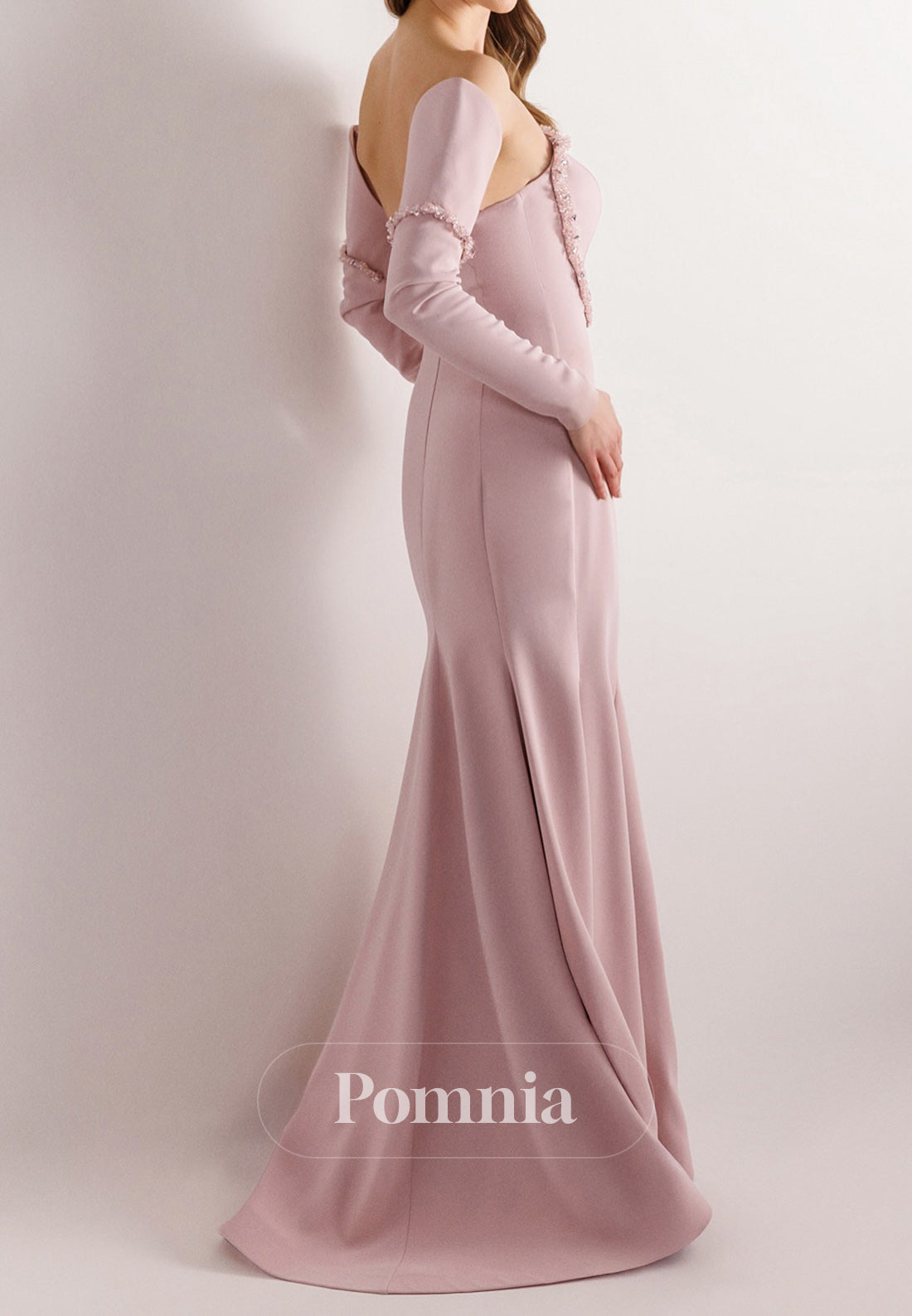 Mermaid Half Sleeves Off-Shoulder Beads Ruched Evening Dress