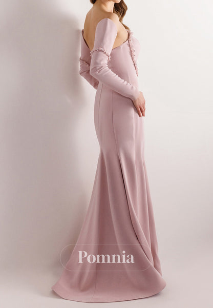 Mermaid Half Sleeves Off-Shoulder Beads Ruched Evening Dress