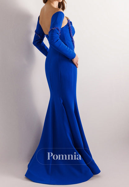 Mermaid Half Sleeves Off-Shoulder Beads Ruched Evening Dress