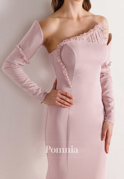 Mermaid Half Sleeves Off-Shoulder Beads Ruched Evening Dress