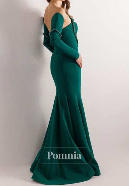 Mermaid Half Sleeves Off-Shoulder Beads Ruched Evening Dress