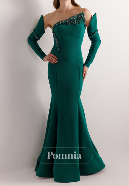 Mermaid Half Sleeves Off-Shoulder Beads Ruched Evening Dress