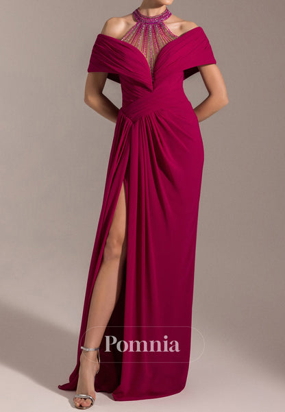 A-Line Halter Short Sleeves Slit Chiffon Evening Dress