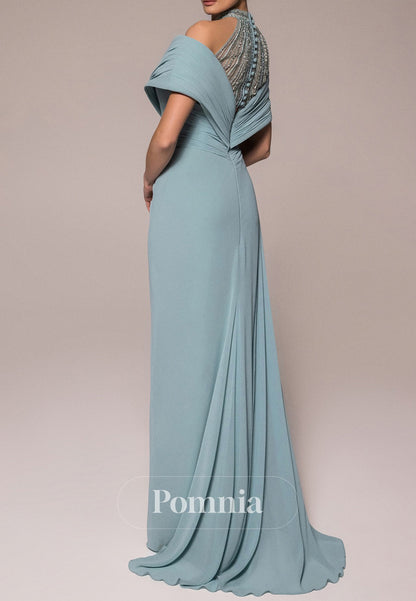 A-Line Halter Short Sleeves Slit Chiffon Evening Dress