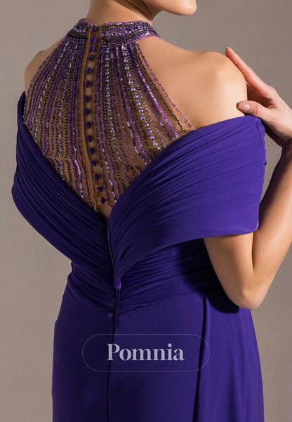 A-Line Halter Short Sleeves Slit Chiffon Evening Dress