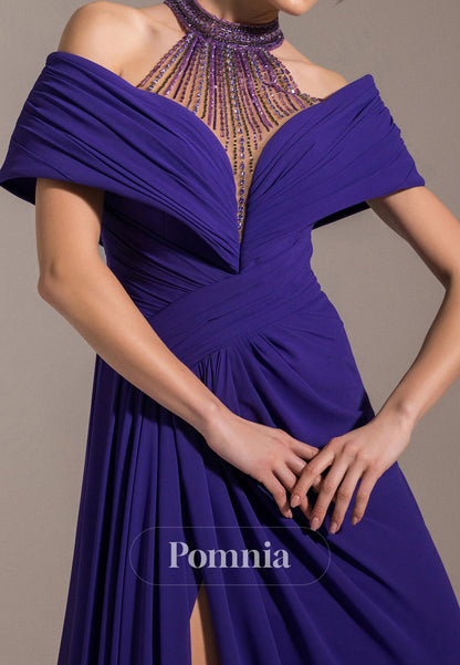 A-Line Halter Short Sleeves Slit Chiffon Evening Dress