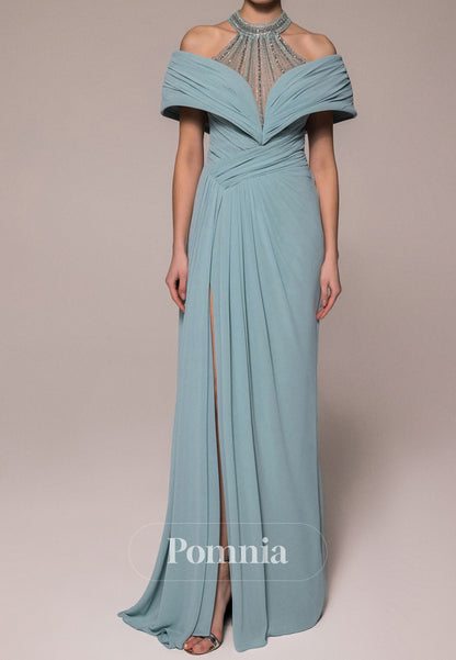 A-Line Halter Short Sleeves Slit Chiffon Evening Dress
