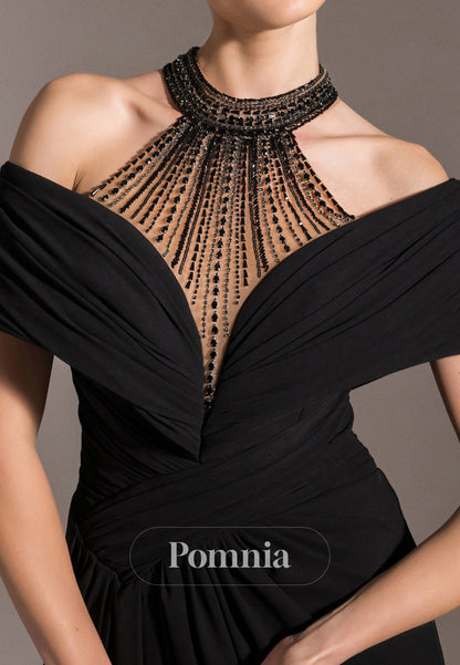 A-Line Halter Short Sleeves Slit Chiffon Evening Dress