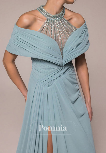 A-Line Halter Short Sleeves Slit Chiffon Evening Dress