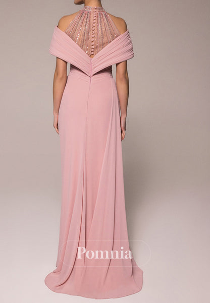 A-Line Halter Short Sleeves Slit Chiffon Evening Dress