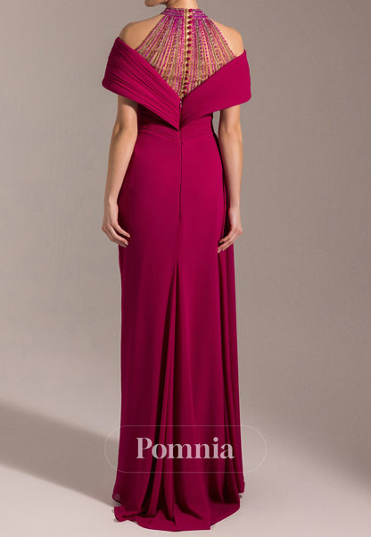 A-Line Halter Short Sleeves Slit Chiffon Evening Dress