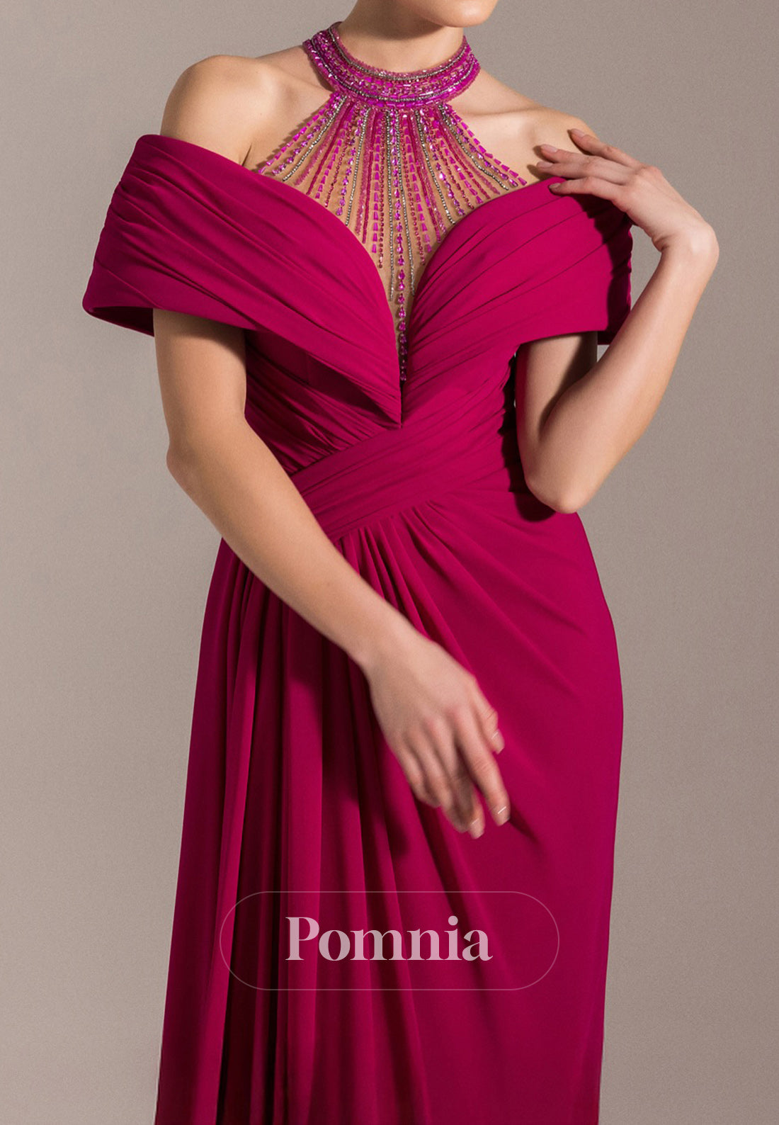 A-Line Halter Short Sleeves Slit Chiffon Evening Dress