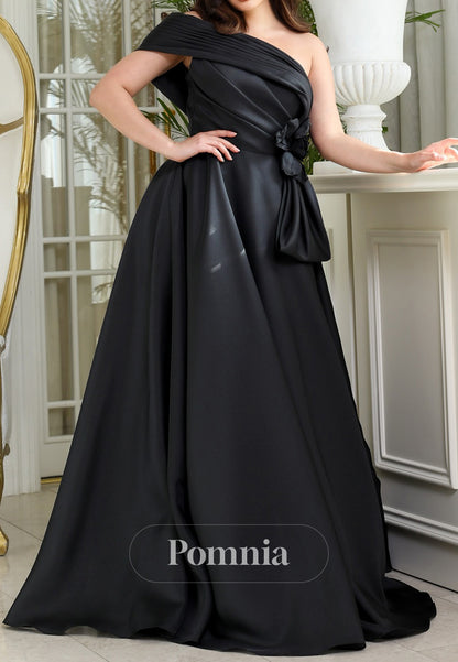 Black One Shoulder A-Line Empire-Waist Ruched Evening Dress