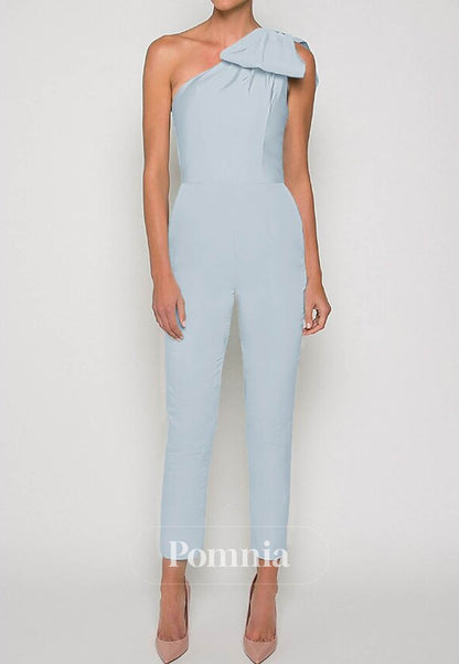 Simple One Shoulder Sleeveless Jumpsuit Satin Evening Dress