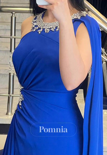 Royal Blue Scoop Sleeveless Beads Chiffon Evening Dress