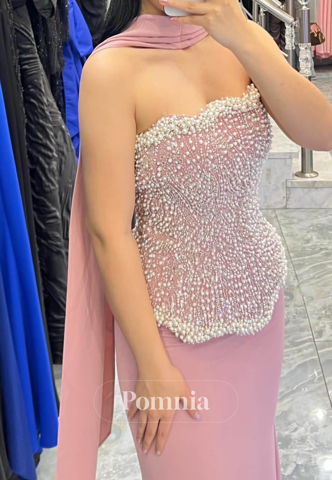 Blushing Pink Sleeveless Strapless Pearls A-Line Prom Dress