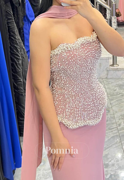 Blushing Pink Sleeveless Strapless Pearls A-Line Prom Dress